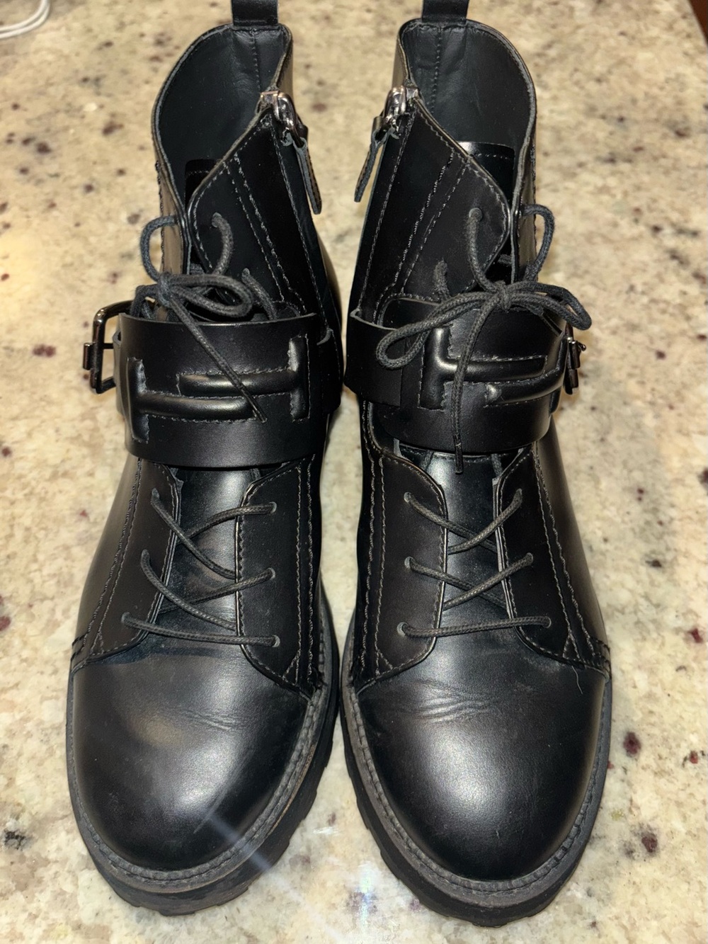 Tod’s Black Leather Combat Boots Lug Sole Buckle Made in Italy EU 38.5/US 8.5